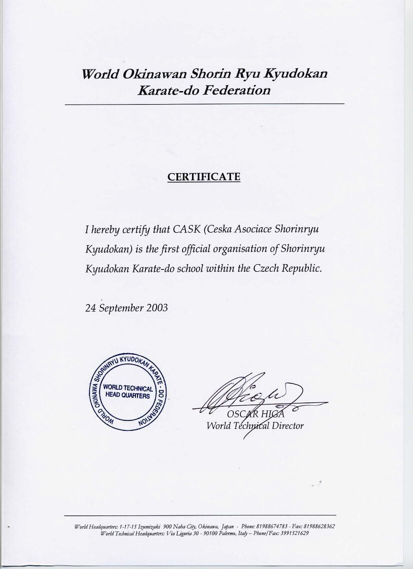Certifikát ČASK